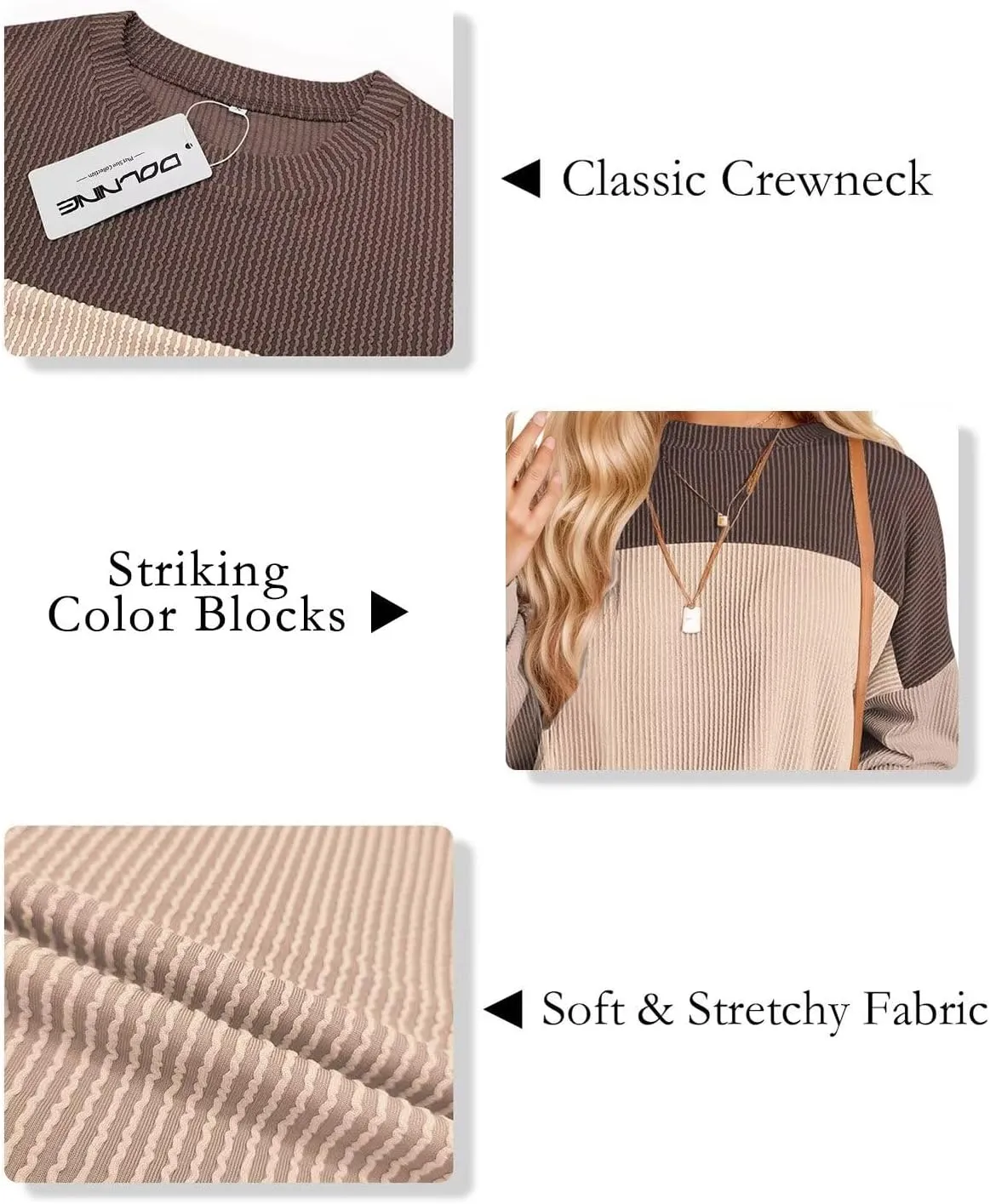 DOLNINE Plus-Size-Tops-for-Women Fall Long Sleeve Shirts Casual Color Block Crewneck Sweatshirts Oversized Ribbed Knit Tunic