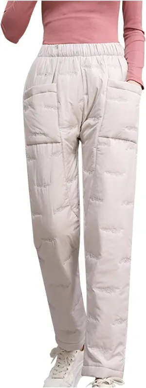 Down Pants for Women Lightweight Puffy Hiking Pants Thermal High Waist Puffer Sweatpants Quilted Snow Ski Trousers