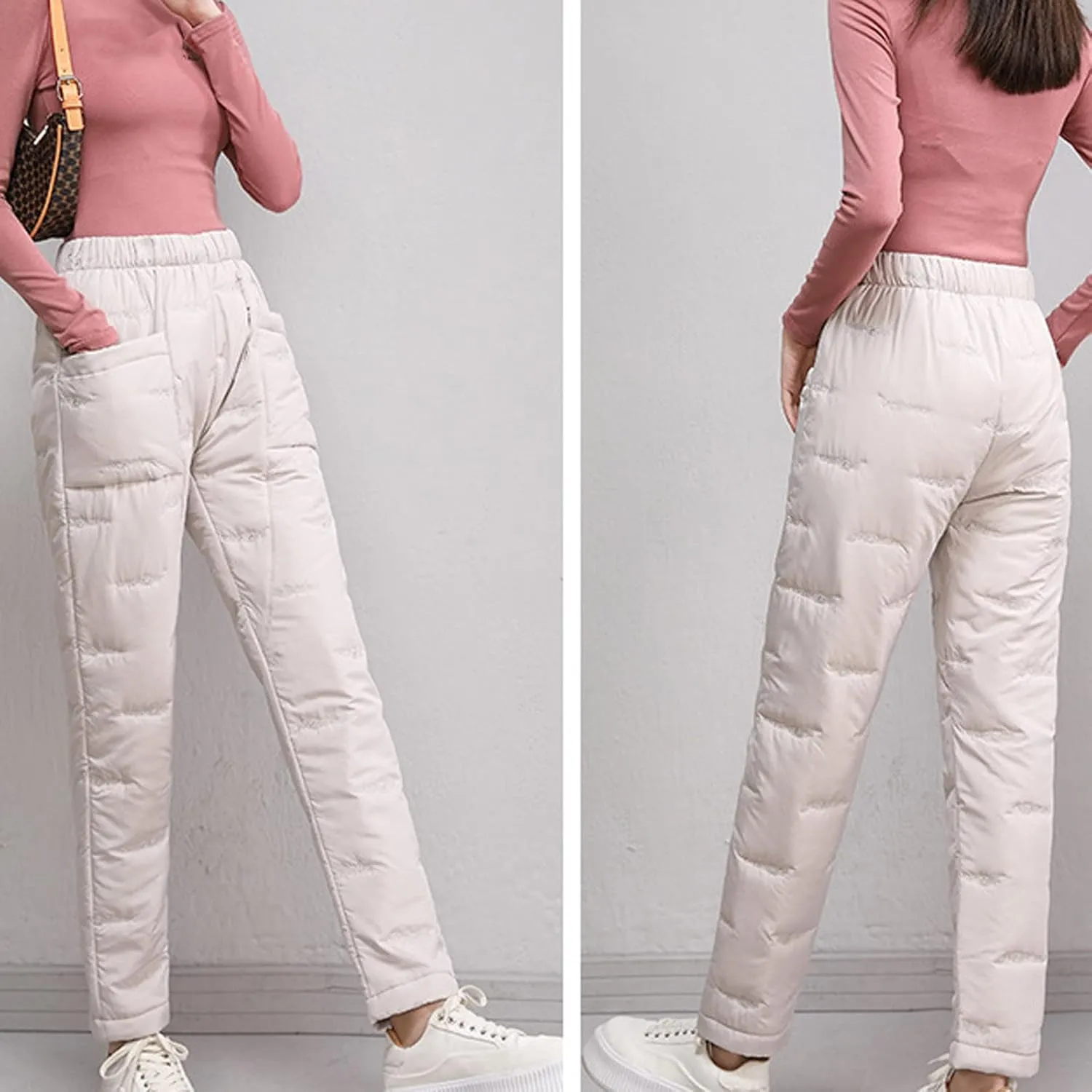 Down Pants for Women Lightweight Puffy Hiking Pants Thermal High Waist Puffer Sweatpants Quilted Snow Ski Trousers