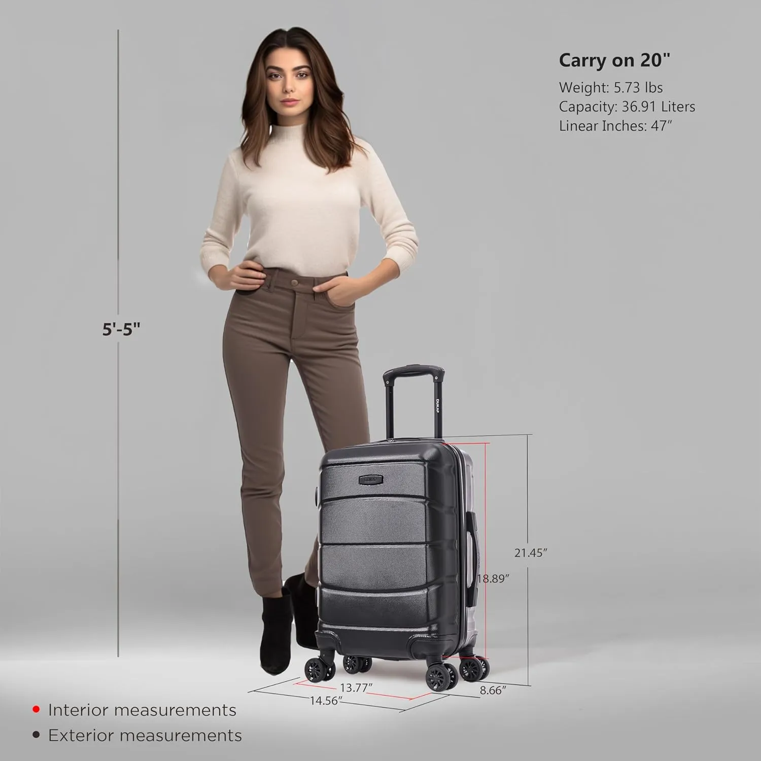 DUKAP SENSE Hardside Luggage with Spinner Wheels | 20 in Durable Lightweight Carry on Suitcase for Travel | Zipper Clouser Suit Case with Gel Handles and Trolley | Black
