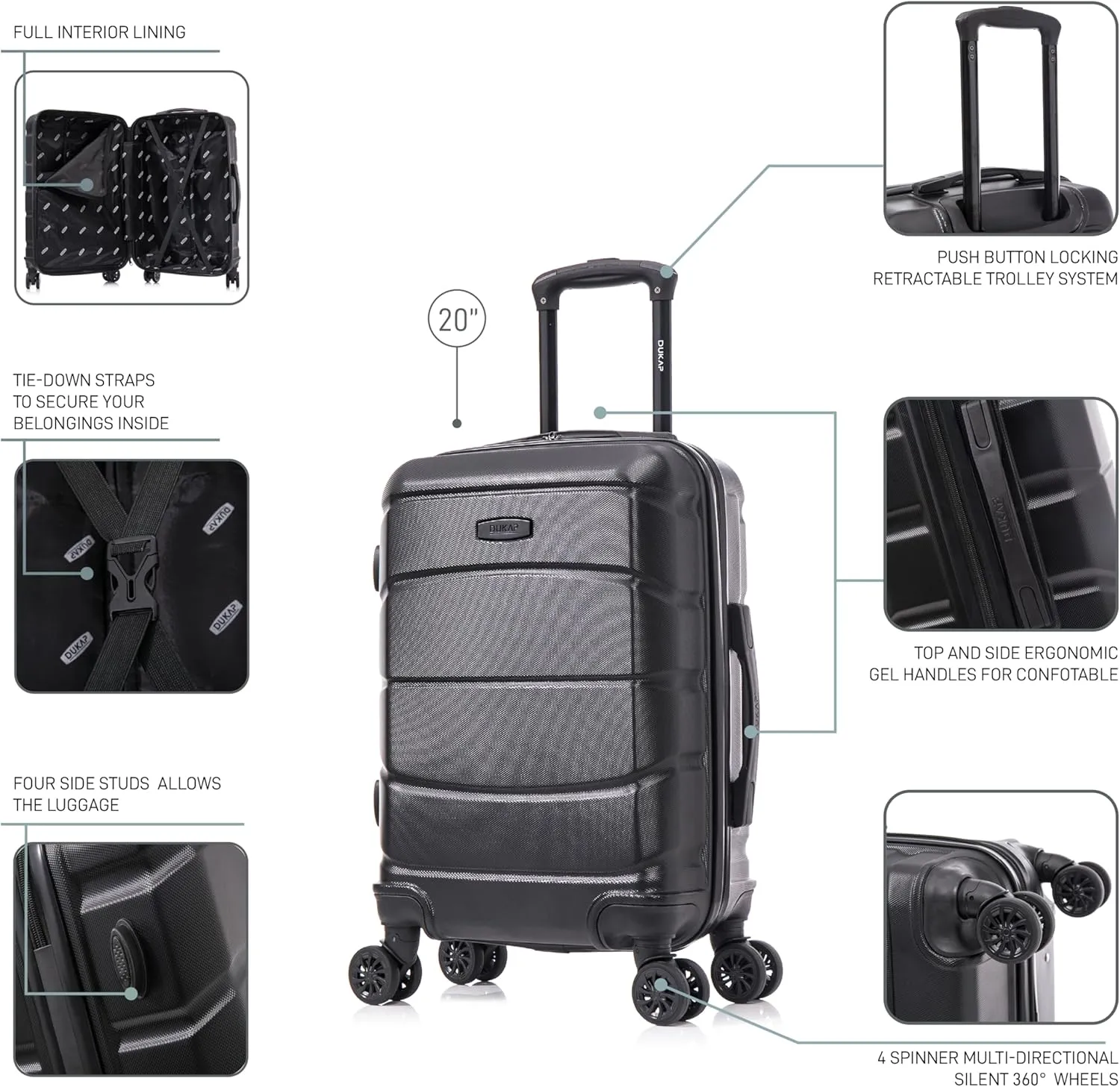DUKAP SENSE Hardside Luggage with Spinner Wheels | 20 in Durable Lightweight Carry on Suitcase for Travel | Zipper Clouser Suit Case with Gel Handles and Trolley | Black