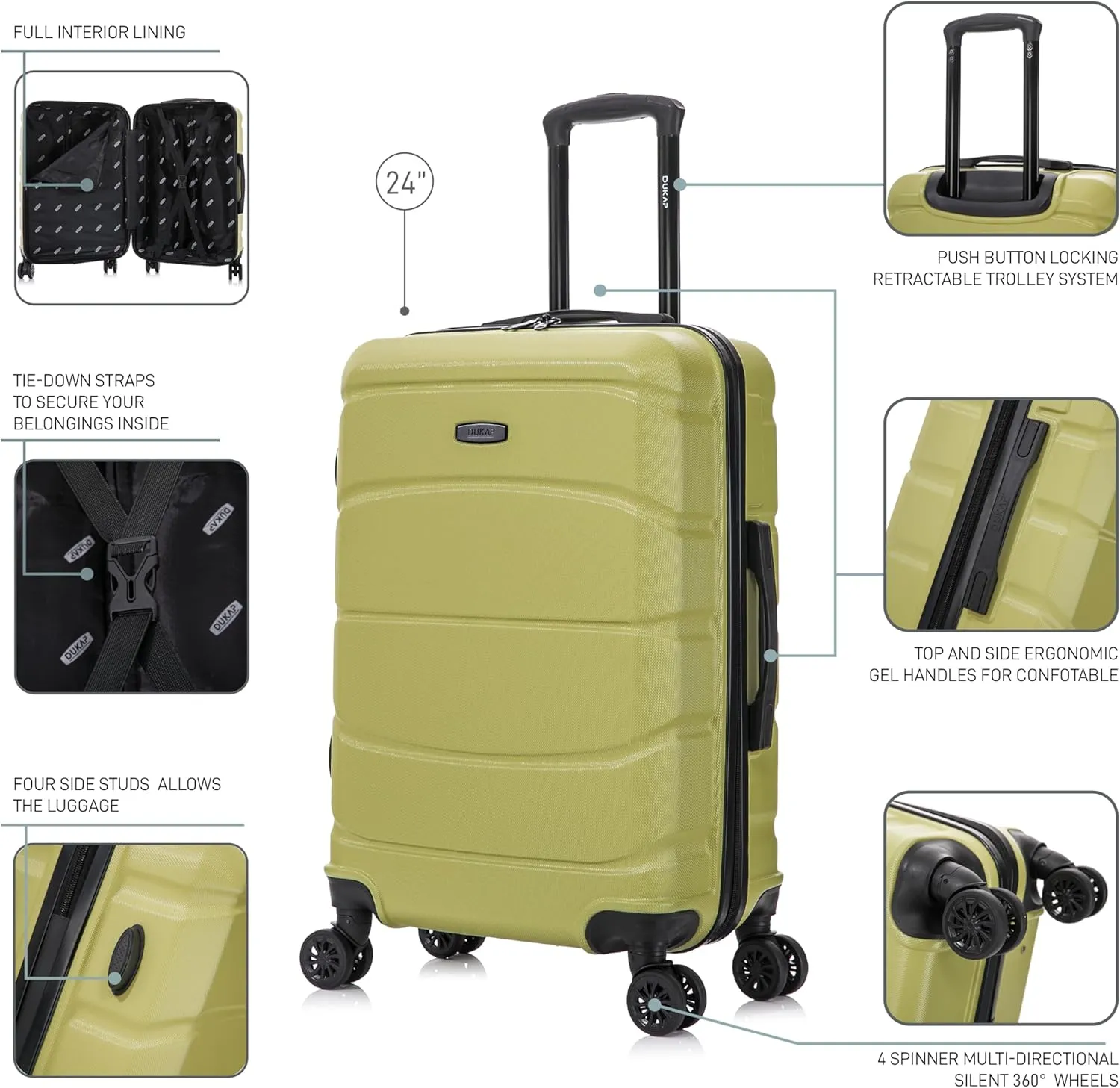 DUKAP SENSE Hardside Luggage with Spinner Wheels | 24 in Durable Lightweight Medium Checked Suitcase for Travel | Zipper Clouser Suit Case with Gel Handles and Trolley | Green