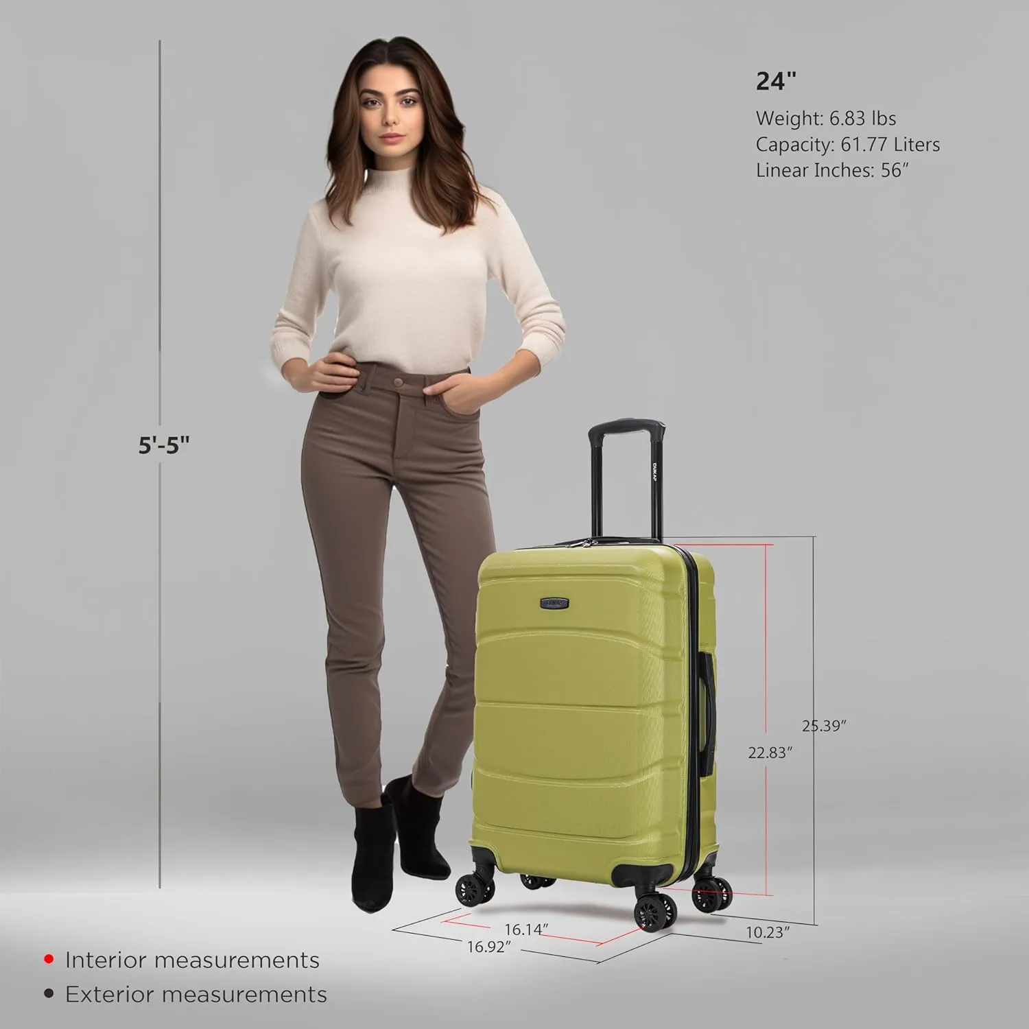 DUKAP SENSE Hardside Luggage with Spinner Wheels | 24 in Durable Lightweight Medium Checked Suitcase for Travel | Zipper Clouser Suit Case with Gel Handles and Trolley | Green