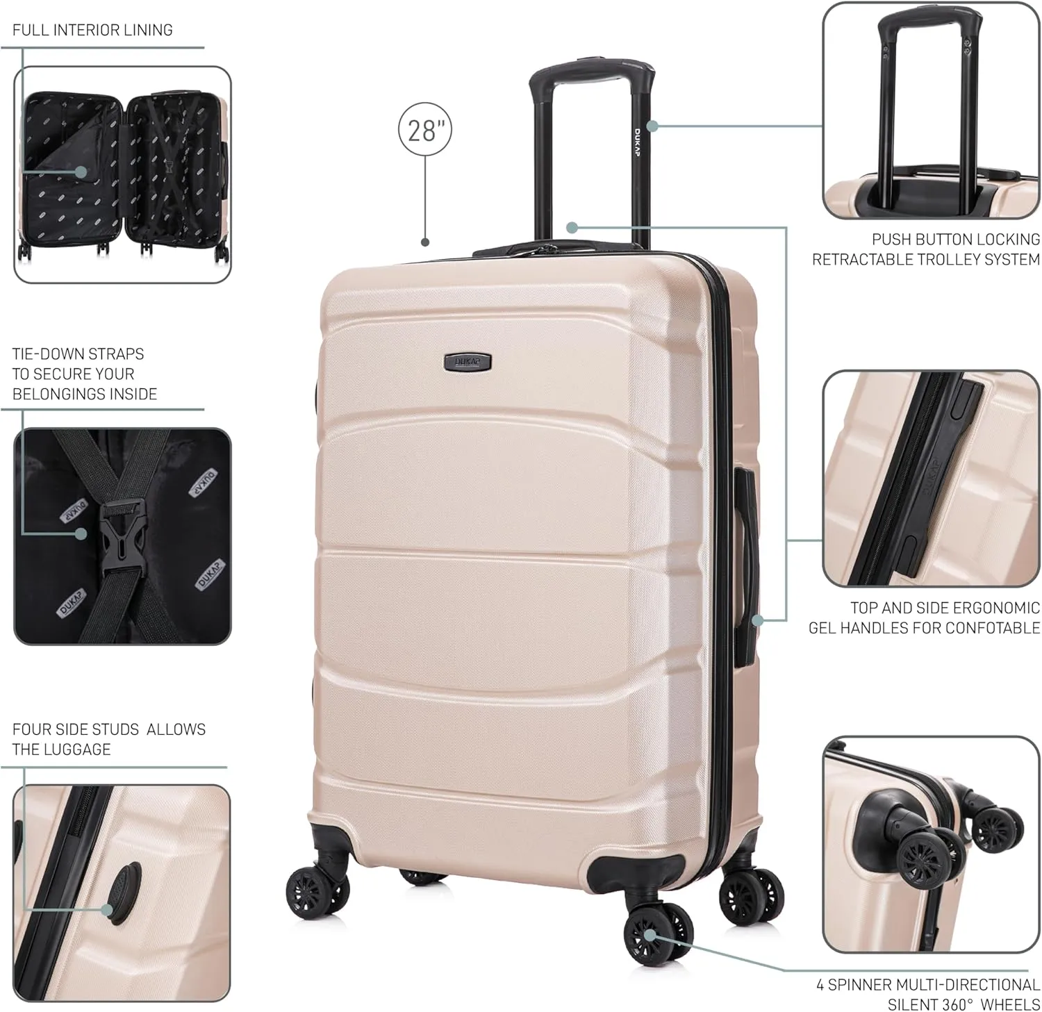 DUKAP SENSE Hardside Luggage with Spinner Wheels | 28 in Durable Lightweight Large Checked Suitcase for Travel | Zipper Clouser Suit Case with Gel Handles and Trolley | Champagne