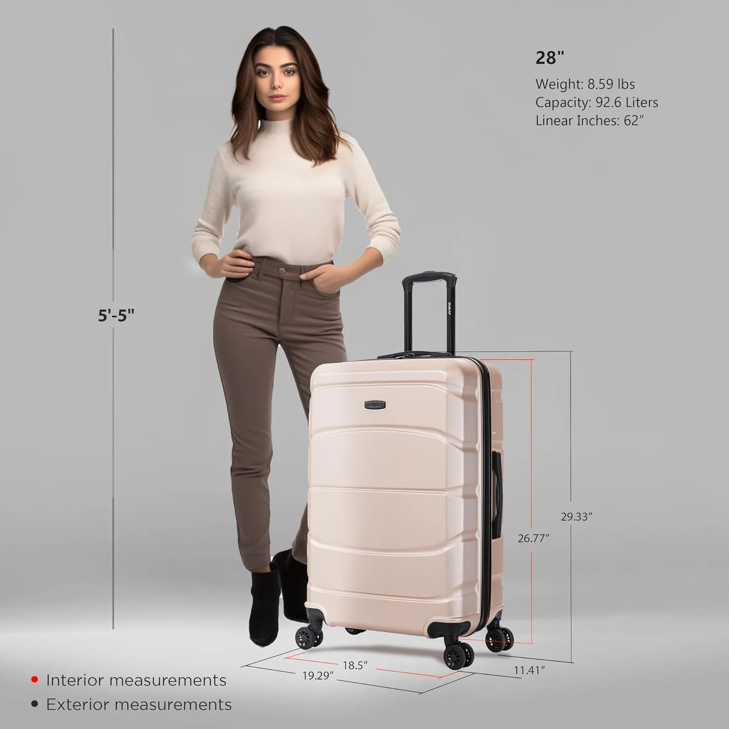 DUKAP SENSE Hardside Luggage with Spinner Wheels | 28 in Durable Lightweight Large Checked Suitcase for Travel | Zipper Clouser Suit Case with Gel Handles and Trolley | Champagne