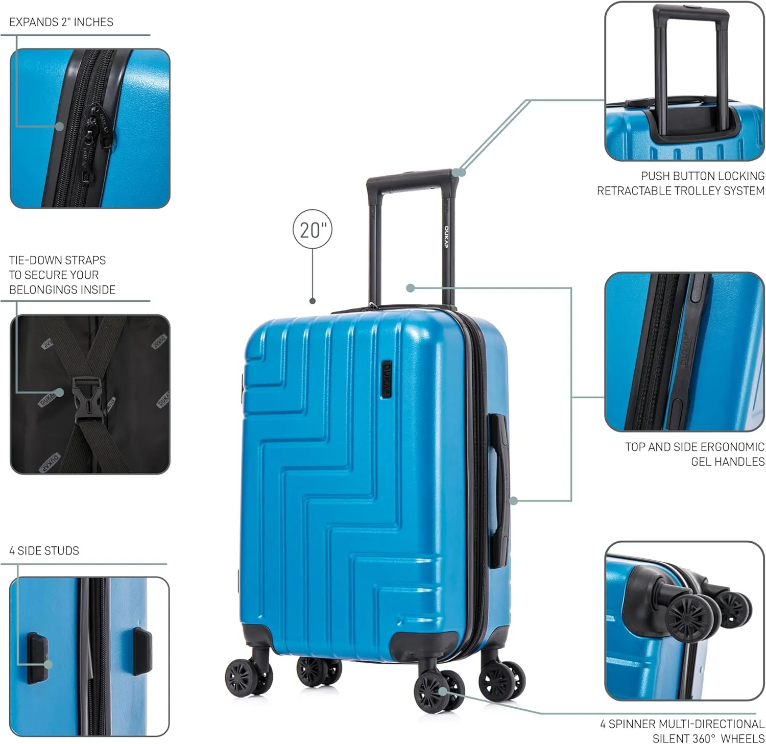 DUKAP ZAHAV Hardside Luggage with Spinner Wheels | 20 in Durable Lightweight Carry on Suitcase for Travel | Zipper Clouser Suit Case with Gel Handles and Trolley | Teal