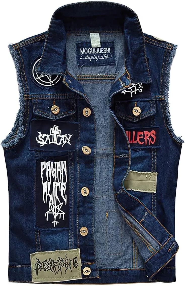 ebossy Men's Ripped Distressed Denim Vest Sleeveless Button Up Jean Vest Jacket