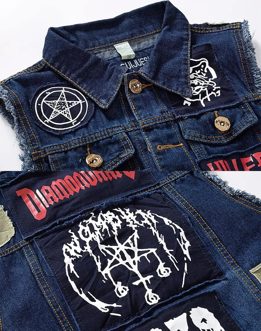 ebossy Men's Ripped Distressed Denim Vest Sleeveless Button Up Jean Vest Jacket