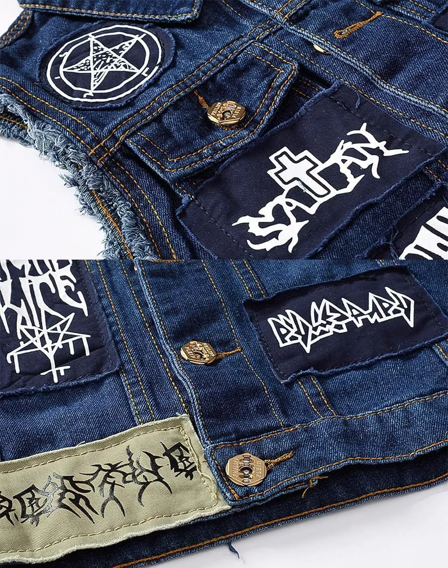 ebossy Men's Ripped Distressed Denim Vest Sleeveless Button Up Jean Vest Jacket