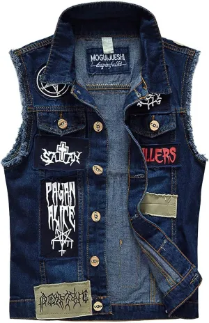 ebossy Men's Ripped Distressed Denim Vest Sleeveless Button Up Jean Vest Jacket