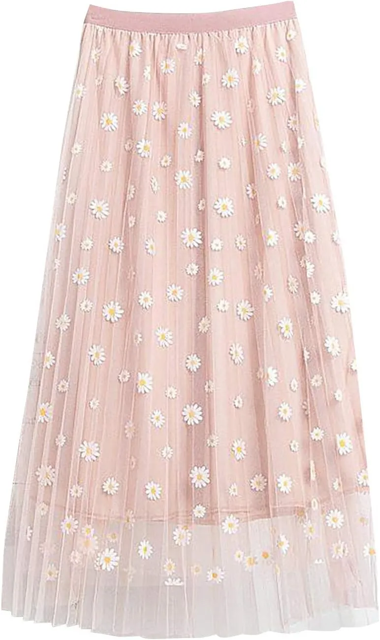 Elastic Waist skirts for women midi length Big Swing A-LineTulle Skirt skirts for women trendy Floral Pleated Mesh Overlay