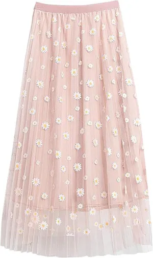 Elastic Waist skirts for women midi length Big Swing A-LineTulle Skirt skirts for women trendy Floral Pleated Mesh Overlay
