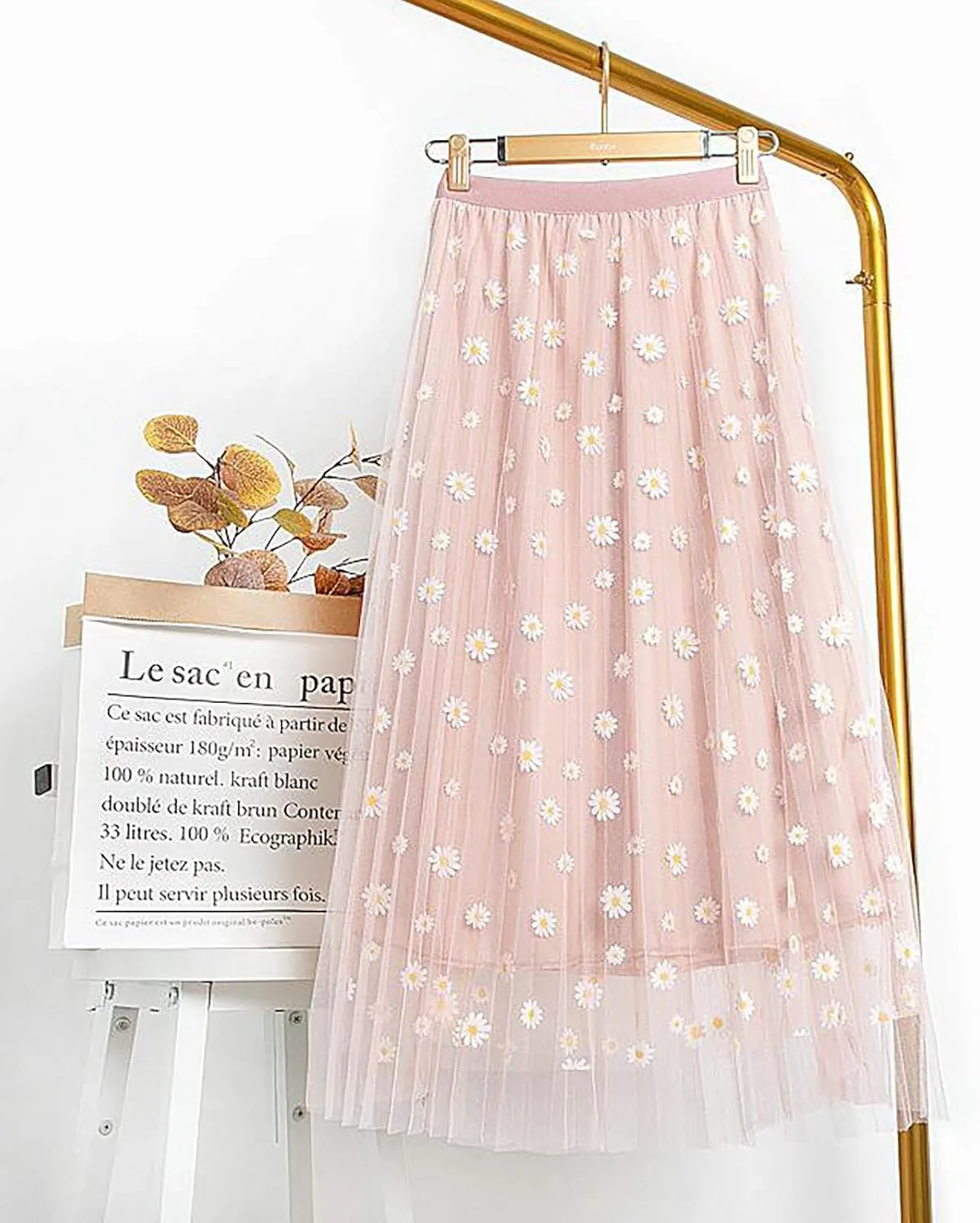 Elastic Waist skirts for women midi length Big Swing A-LineTulle Skirt skirts for women trendy Floral Pleated Mesh Overlay