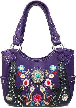 Embroidered Floral Laser Cut Turquoise Rhinestone Concho Concealed Carry Tote Hobo Purse