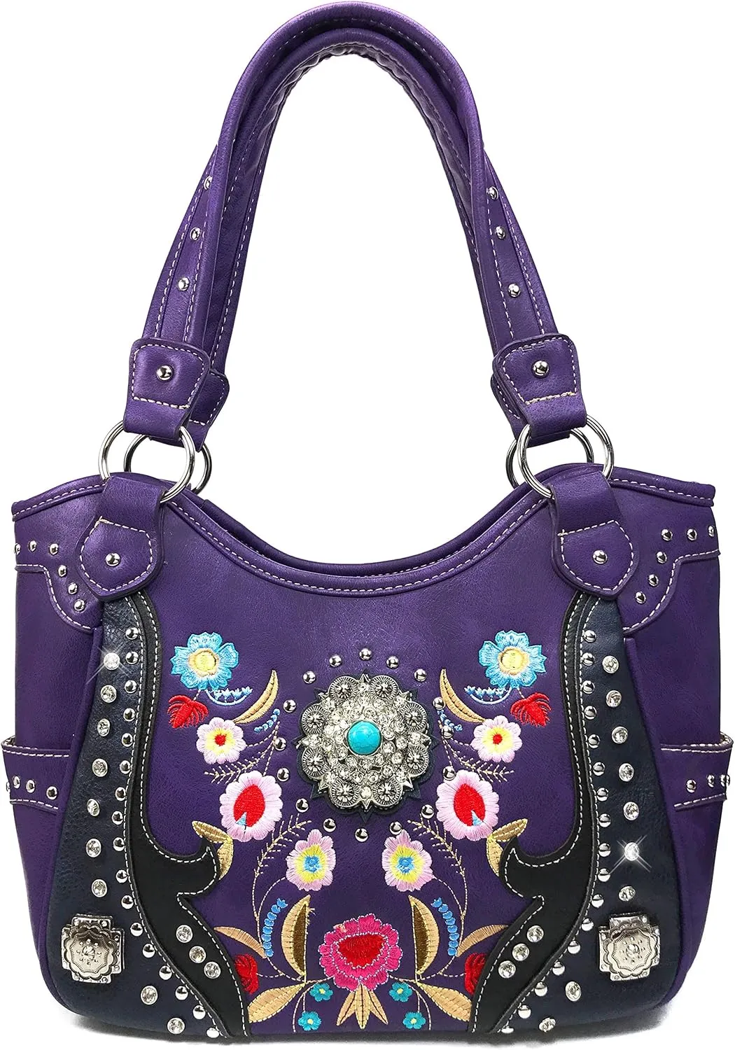 Embroidered Floral Laser Cut Turquoise Rhinestone Concho Concealed Carry Tote Hobo Purse