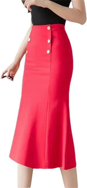 Fashion Korean High Waist Black Midi Skirt Women Steetwear Button Party Skirt