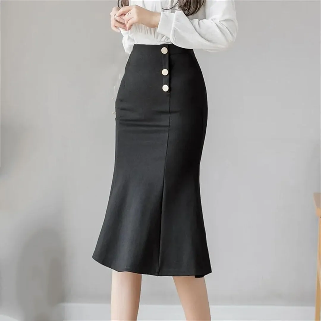 Fashion Korean High Waist Black Midi Skirt Women Steetwear Button Party Skirt