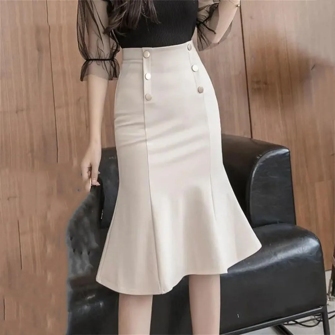 Fashion Korean High Waist Black Midi Skirt Women Steetwear Button Party Skirt