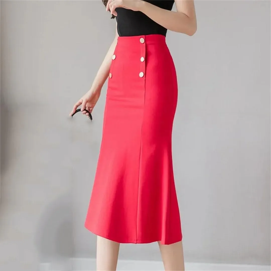 Fashion Korean High Waist Black Midi Skirt Women Steetwear Button Party Skirt