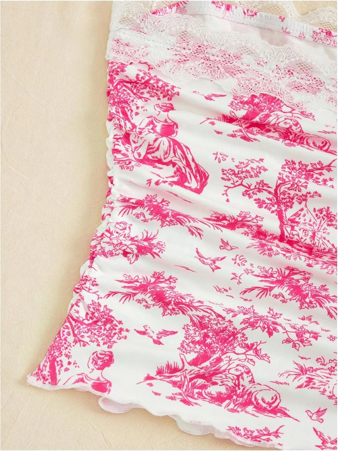 Floerns Women's Allover Print Lace Trim Bowknot Strapless Bandeau Ruched Crop Tube Top