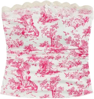 Floerns Women's Allover Print Lace Trim Bowknot Strapless Bandeau Ruched Crop Tube Top
