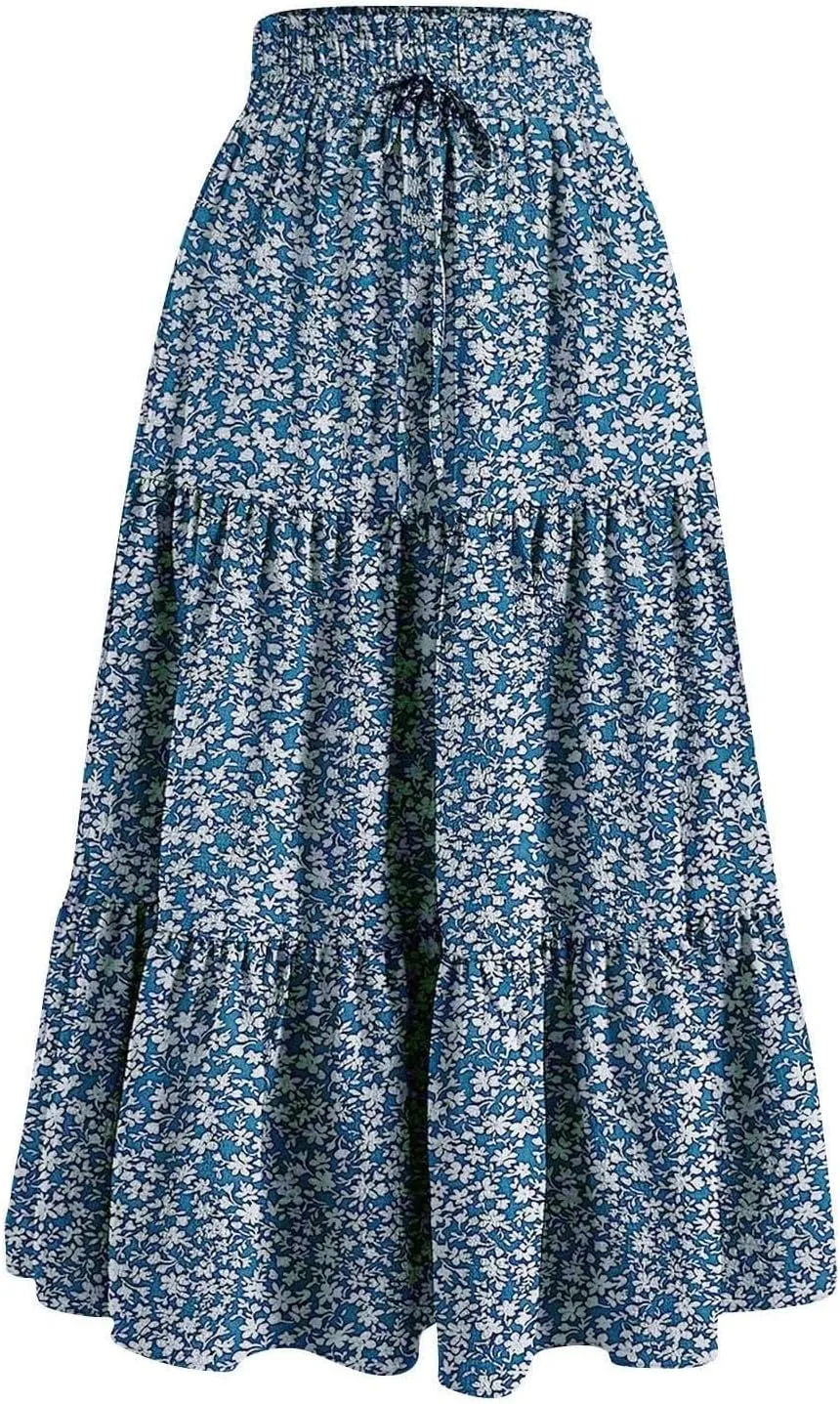 Floral Maxi Skirt for Women Summer High Waisted Comfy Tiered Elastic Skirts Vacation A-Line Flowy Swing Long Skirts