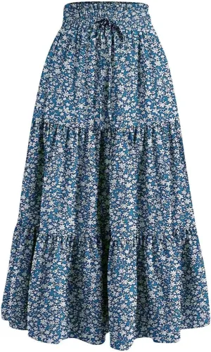 Floral Maxi Skirt for Women Summer High Waisted Comfy Tiered Elastic Skirts Vacation A-Line Flowy Swing Long Skirts