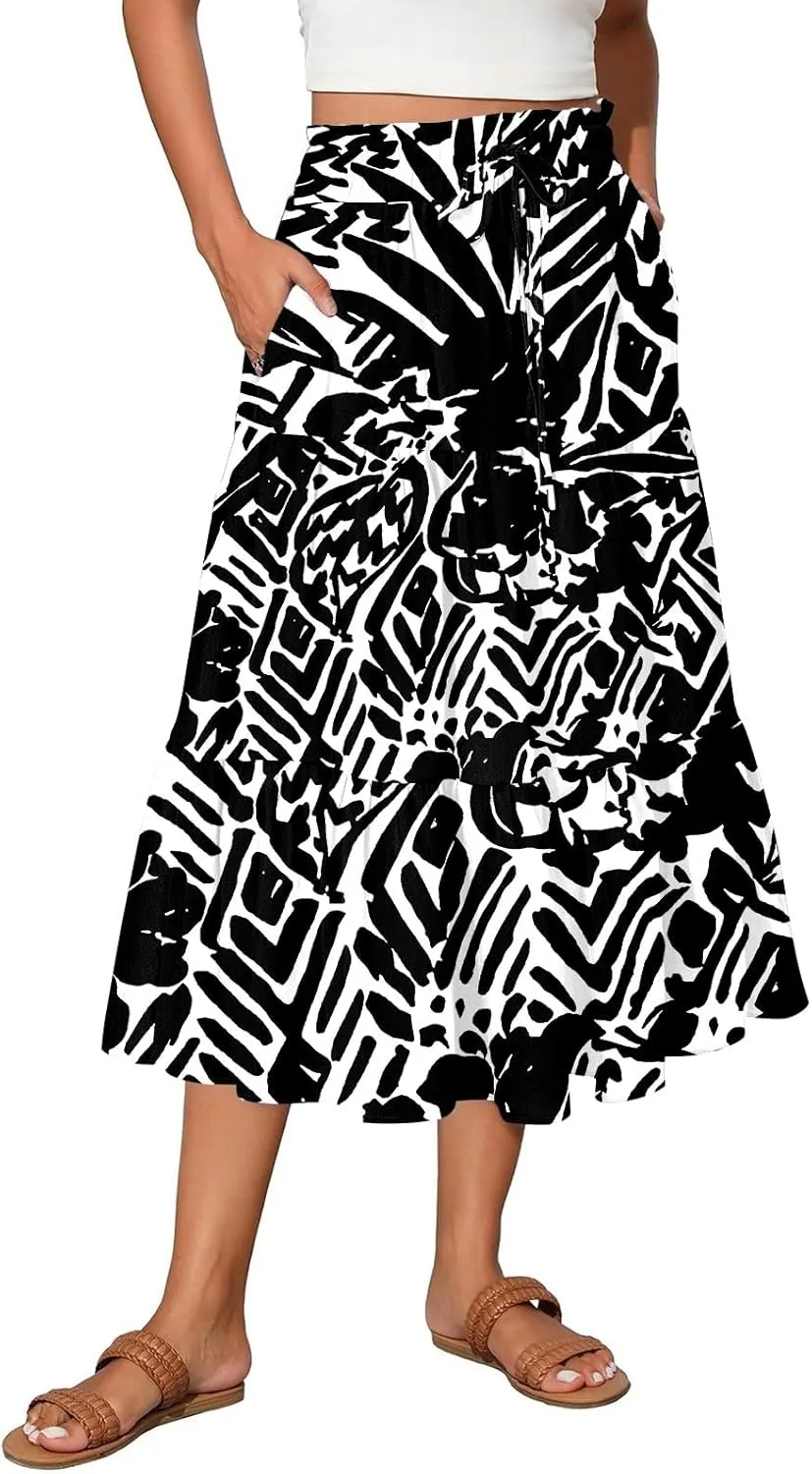 Floral Midi Skirts for Women High Waisted Knee Length Flowy Boho Skirts Casual Tiered A Line Skirt with Pockets