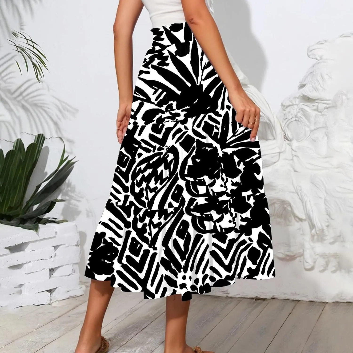 Floral Midi Skirts for Women High Waisted Knee Length Flowy Boho Skirts Casual Tiered A Line Skirt with Pockets
