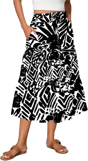 Floral Midi Skirts for Women High Waisted Knee Length Flowy Boho Skirts Casual Tiered A Line Skirt with Pockets