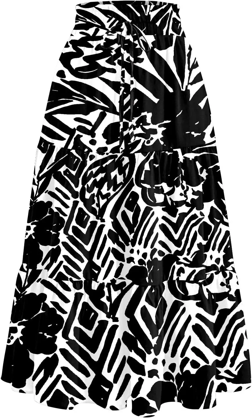 Floral Midi Skirts for Women High Waisted Knee Length Flowy Boho Skirts Casual Tiered A Line Skirt with Pockets