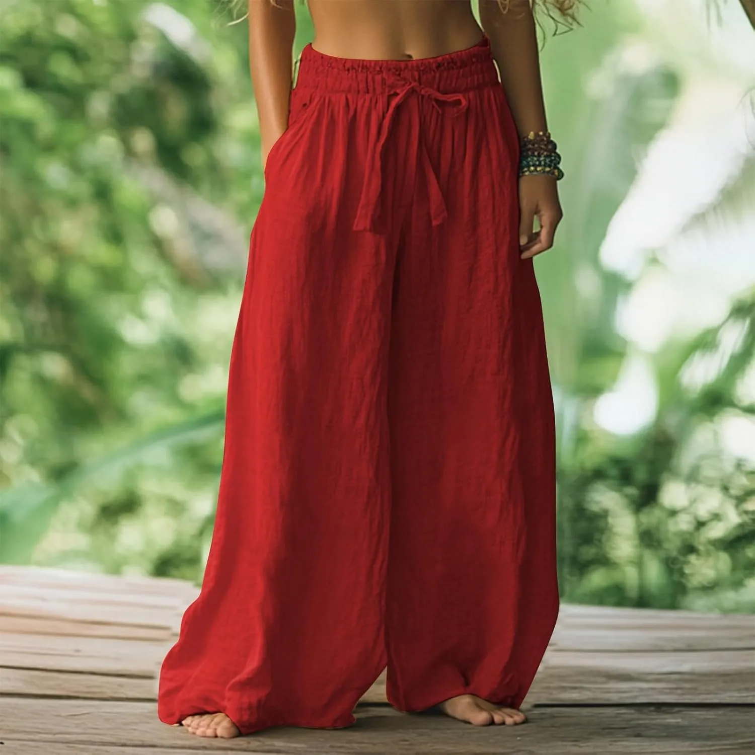 Flowy Pants for Women Baggy High Waist Drawsting Linen Palazzo Trouser Boho Floral Embroidered Wide Leg Beach Bottoms