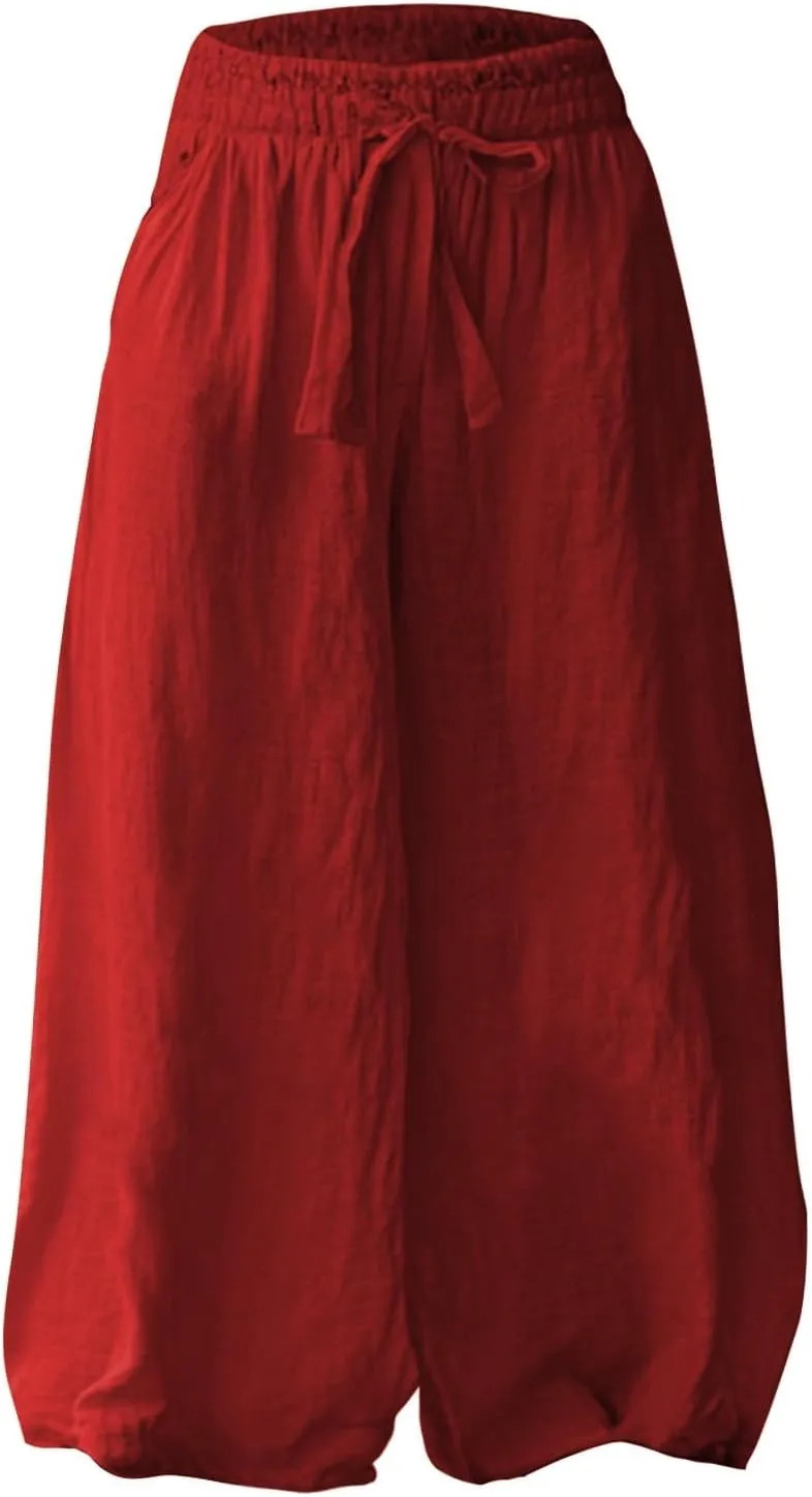 Flowy Pants for Women Baggy High Waist Drawsting Linen Palazzo Trouser Boho Floral Embroidered Wide Leg Beach Bottoms