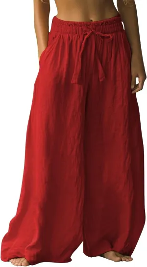 Flowy Pants for Women Baggy High Waist Drawsting Linen Palazzo Trouser Boho Floral Embroidered Wide Leg Beach Bottoms