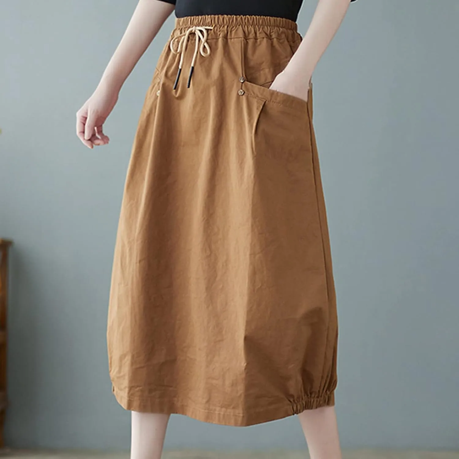 FZYLQY Midi Skirts for Women Spring Trendy Casual Mid Length Skirt Elastic Drawstring High Waist Skirts Comfy Balloon Skirt