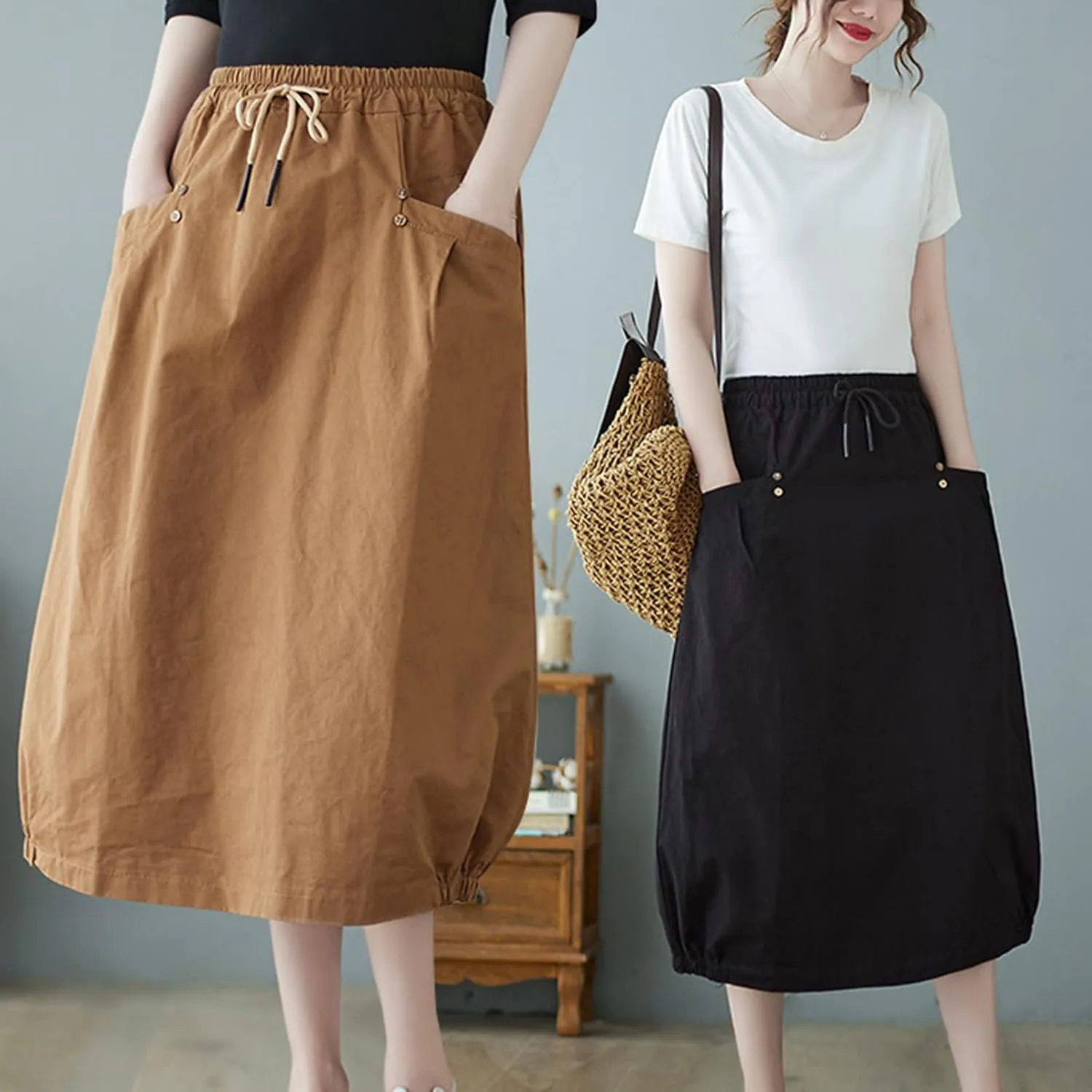 FZYLQY Midi Skirts for Women Spring Trendy Casual Mid Length Skirt Elastic Drawstring High Waist Skirts Comfy Balloon Skirt