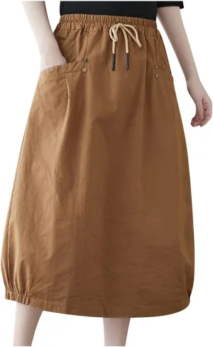 FZYLQY Midi Skirts for Women Spring Trendy Casual Mid Length Skirt Elastic Drawstring High Waist Skirts Comfy Balloon Skirt