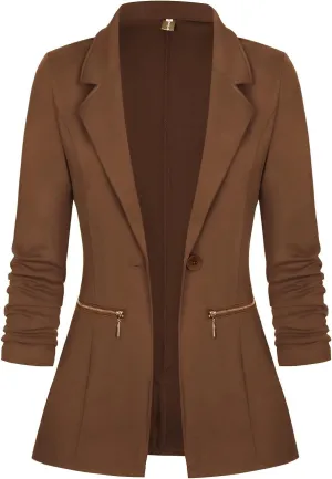 Genhoo Women's Long Sleeve Blazer Open Front Cardigan Jacket Work Office Blazer with Zipper Pockets S-3XL