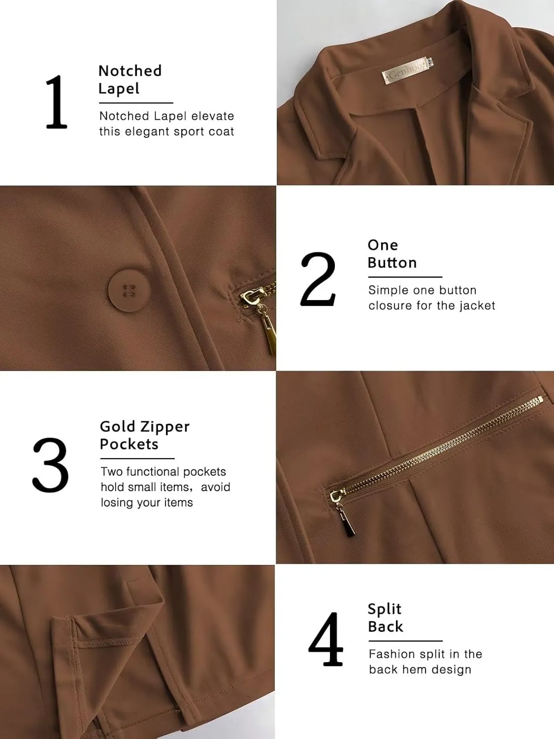 Genhoo Women's Long Sleeve Blazer Open Front Cardigan Jacket Work Office Blazer with Zipper Pockets S-3XL