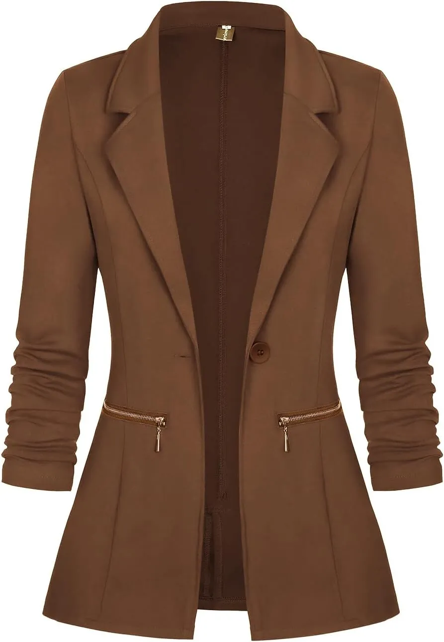 Genhoo Women's Long Sleeve Blazer Open Front Cardigan Jacket Work Office Blazer with Zipper Pockets S-3XL