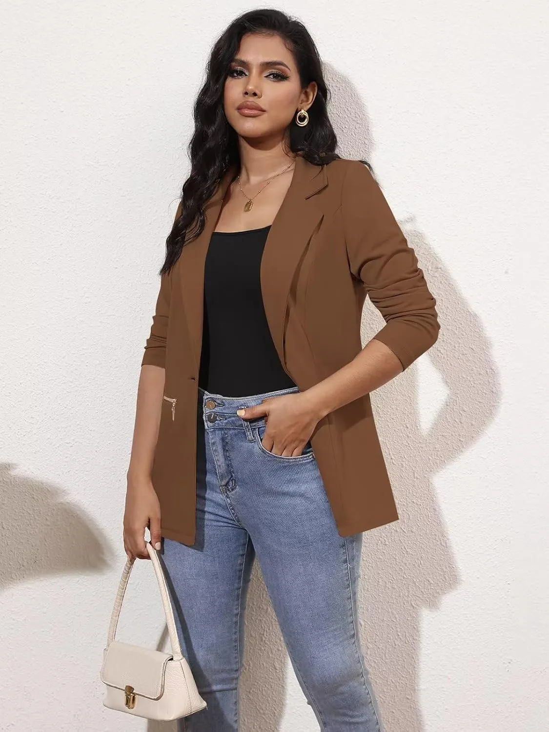 Genhoo Women's Long Sleeve Blazer Open Front Cardigan Jacket Work Office Blazer with Zipper Pockets S-3XL