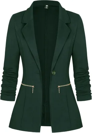 Genhoo Women's Long Sleeve Blazer Open Front Cardigan Jacket Work Office Blazer with Zipper Pockets S-3XL
