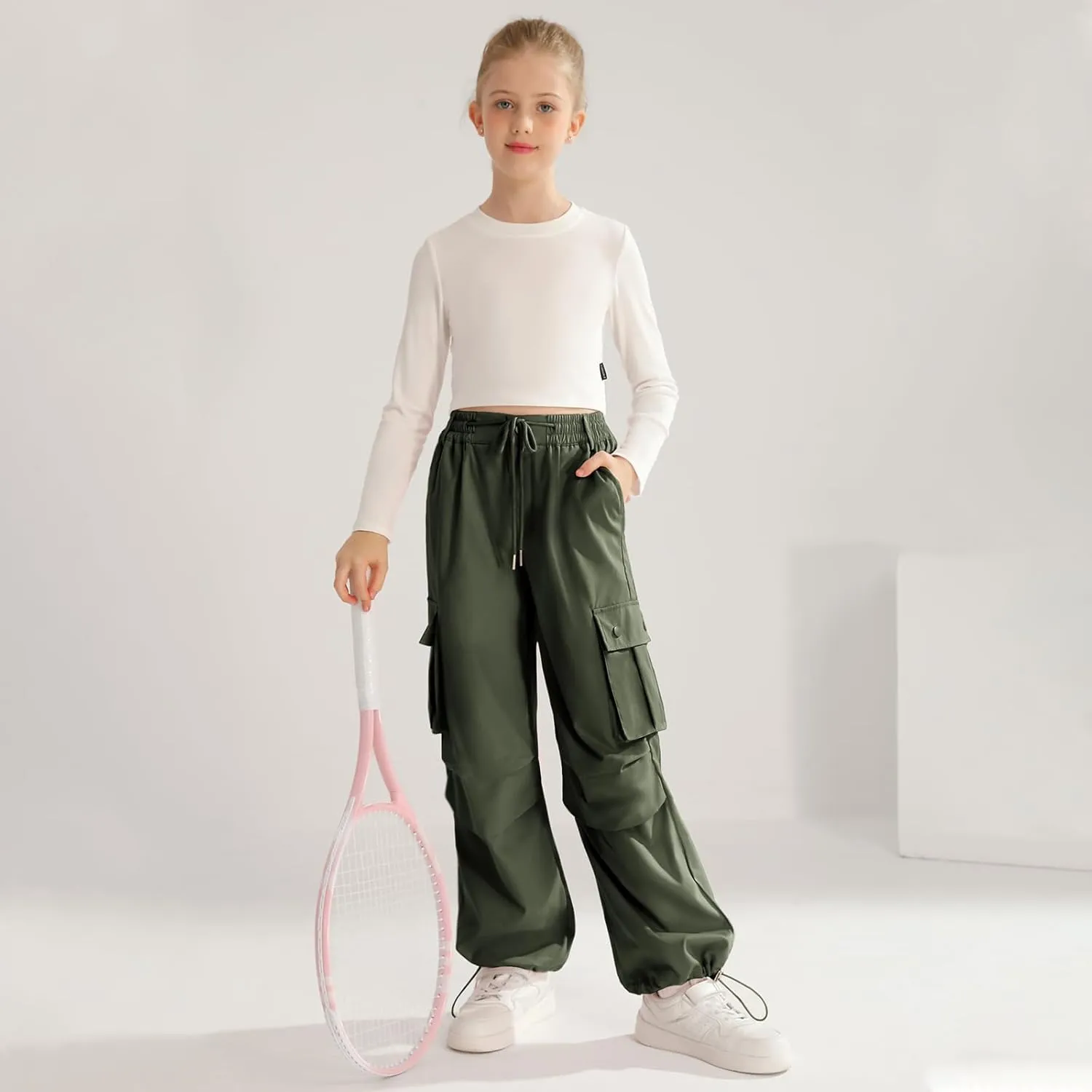 Girls Cargo Jogger Pants Parachute Pants with Elastic Waist and Pockets Cargo Trousers for Teens Girls 7-14 Years