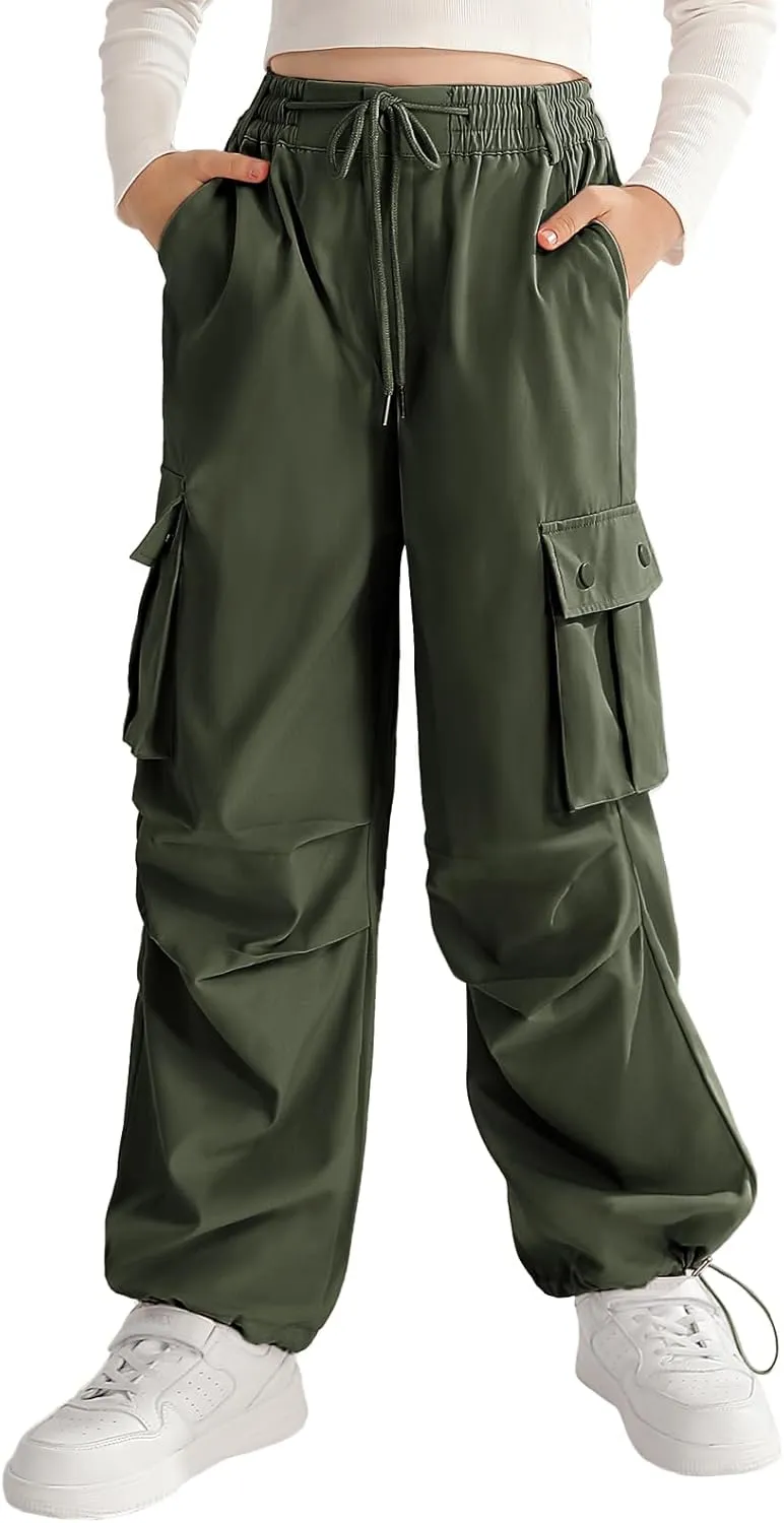 Girls Cargo Jogger Pants Parachute Pants with Elastic Waist and Pockets Cargo Trousers for Teens Girls 7-14 Years