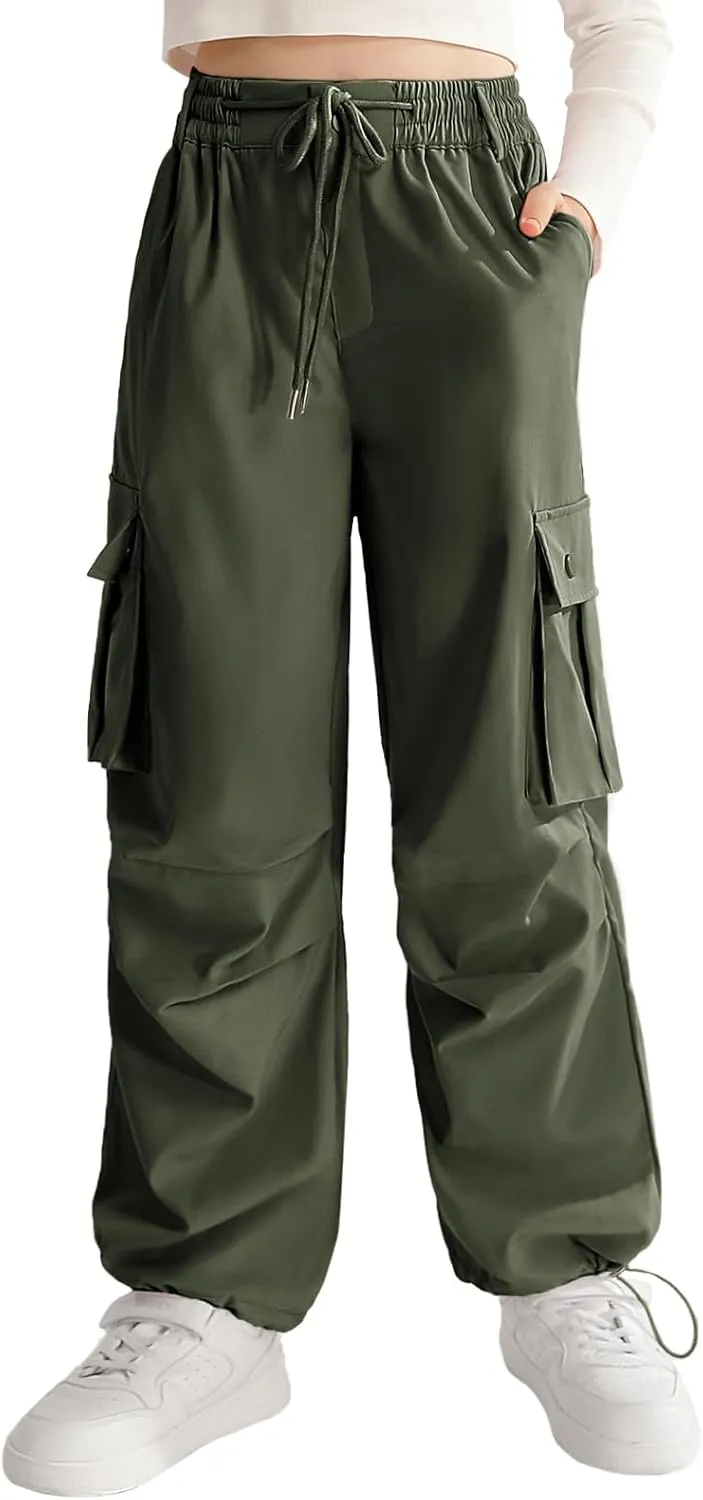 Girls Cargo Jogger Pants Parachute Pants with Elastic Waist and Pockets Cargo Trousers for Teens Girls 7-14 Years