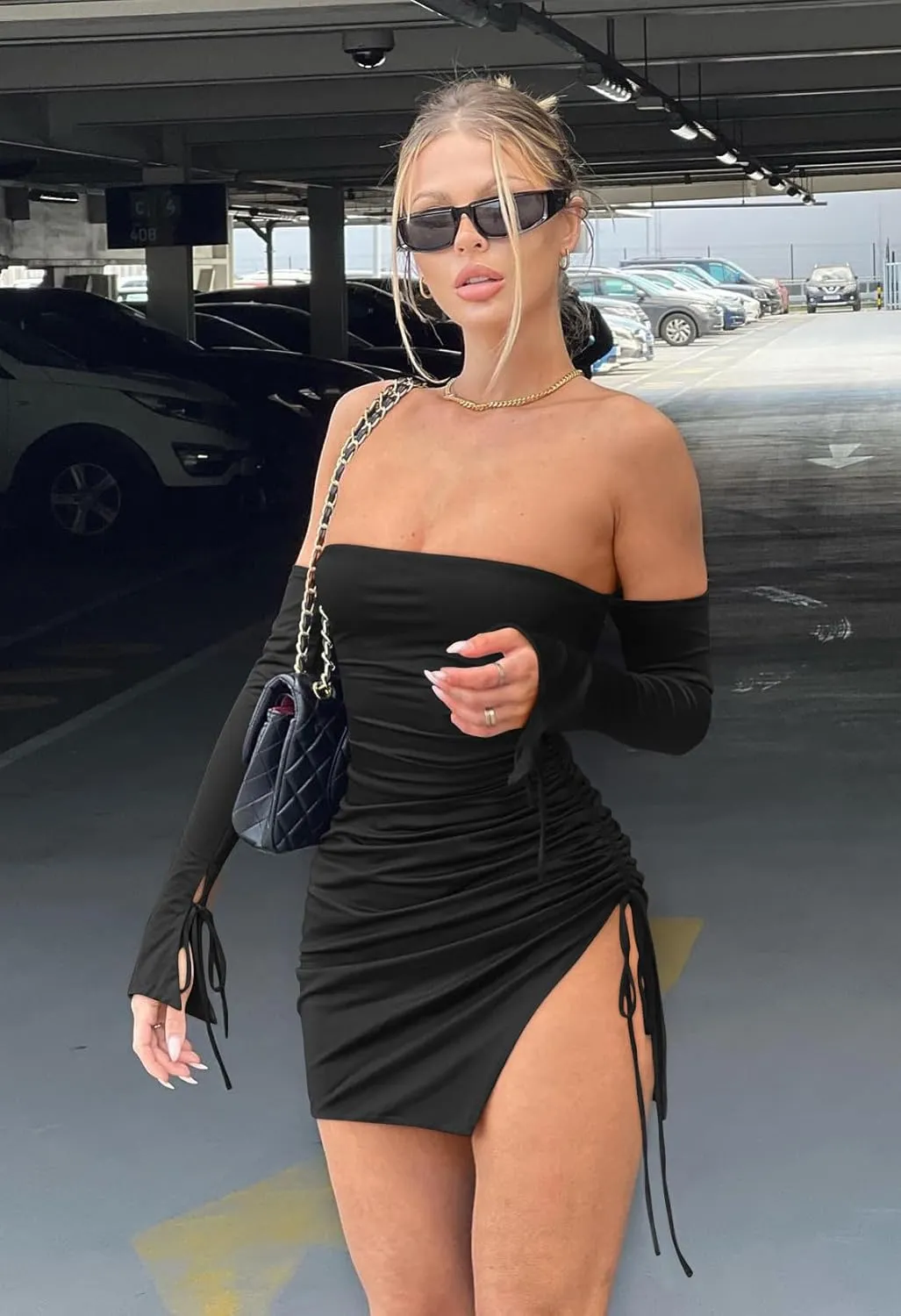 GOBLES Women's Sexy Off The Shoulder Flared Long Sleeve Drawstring Side Split Mini Club Dress
