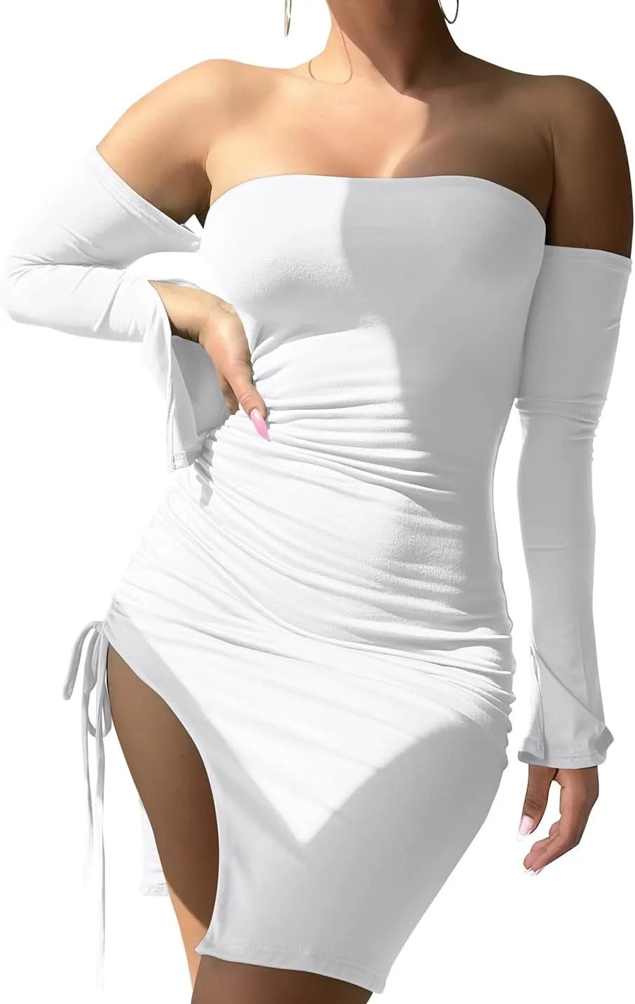 GOBLES Women's Sexy Off The Shoulder Flared Long Sleeve Drawstring Side Split Mini Club Dress