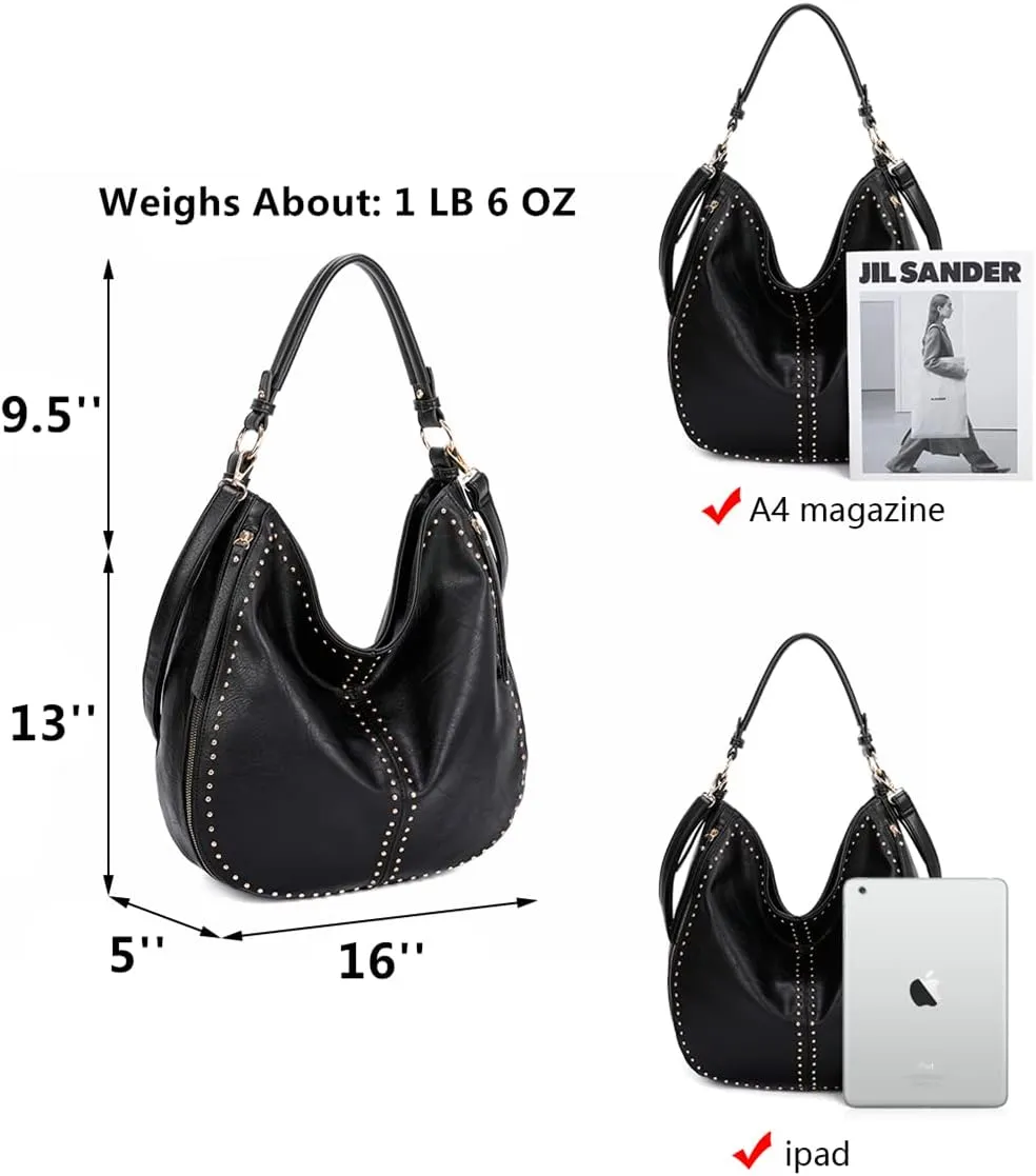 Gold Hardware Fashion HandBag Women Shoulder Bag Hobo Bags Detachable Crossbody Strap Purse Wallet Set Studs Leather Tote Bag