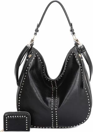 Gold Hardware Fashion HandBag Women Shoulder Bag Hobo Bags Detachable Crossbody Strap Purse Wallet Set Studs Leather Tote Bag
