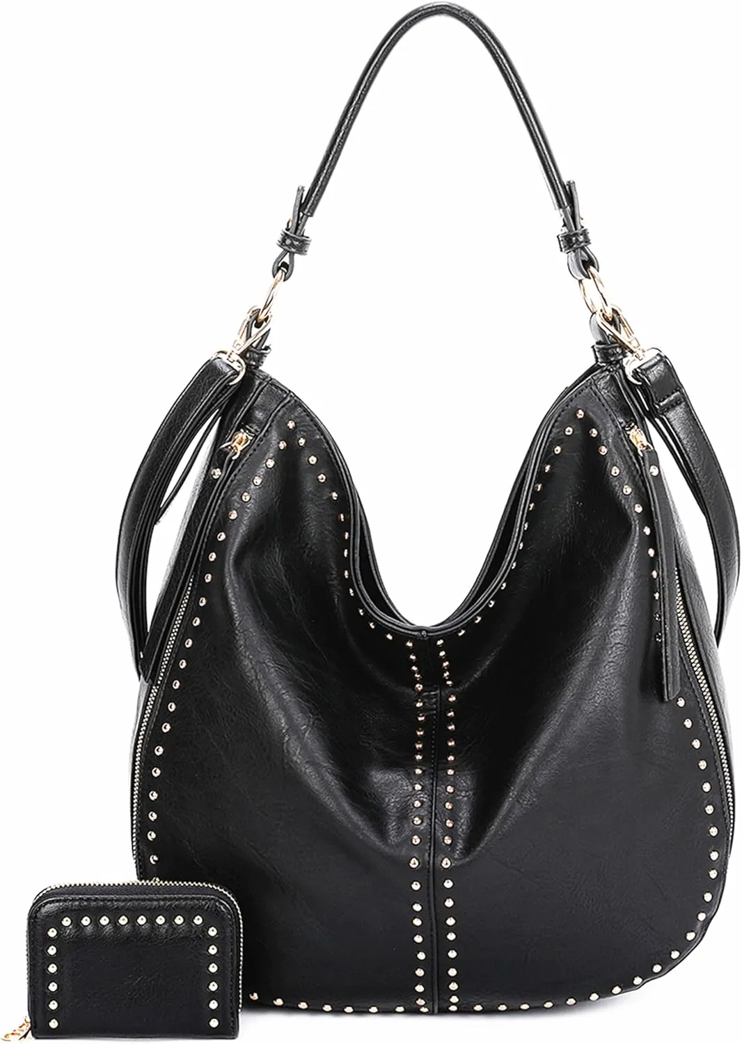 Gold Hardware Fashion HandBag Women Shoulder Bag Hobo Bags Detachable Crossbody Strap Purse Wallet Set Studs Leather Tote Bag